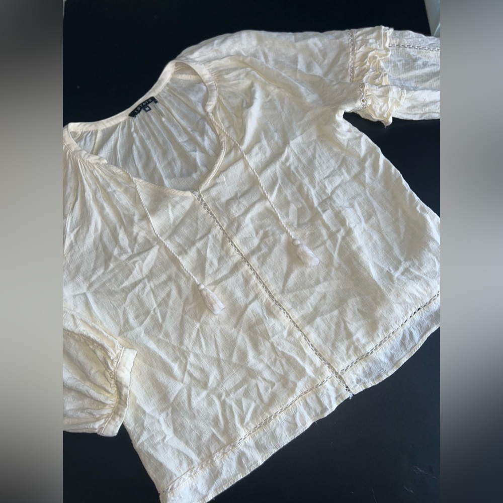 1.State Cream Bubble sleeve Blouse with Crochet Details Size Medium EUC